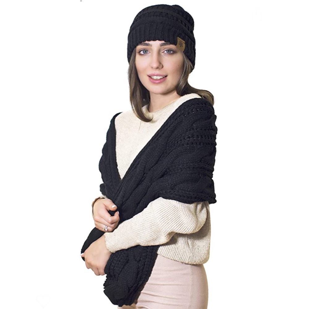 Chunky Hat Scarf Set Cable Knit Beanie Gloves Winter Accessories Womens Woven - Picture 3 of 8